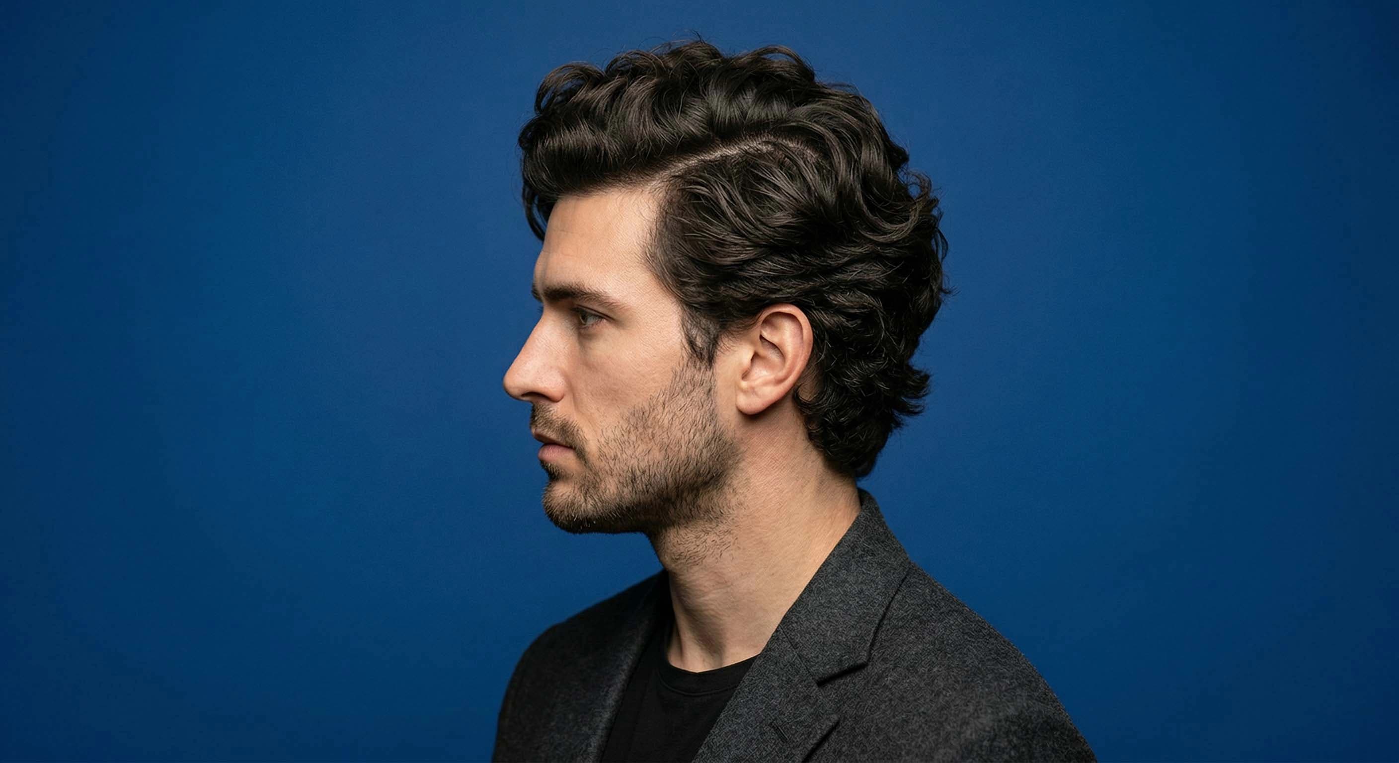Men’s Styled Toupee Side Profile | Freedom Hair Men’s toupee styled with natural volume shown in side profile for a realistic hairline look